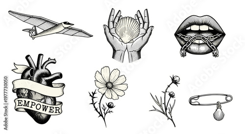 Collection of handdrawn sketches featuring animals flowers and symbols