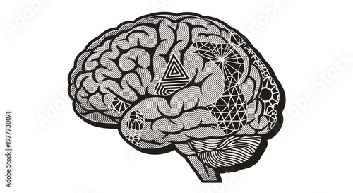 Illustration of a human brain with geometric and technological elements