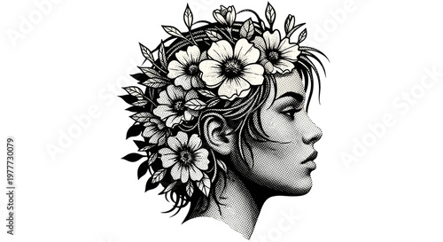 Black and white illustration of a woman with floral crown in profile