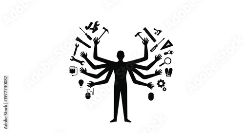 multitasking man with many tools and objects
