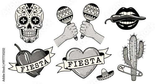 Set of traditional mexican fiesta symbols including skulls and cactus