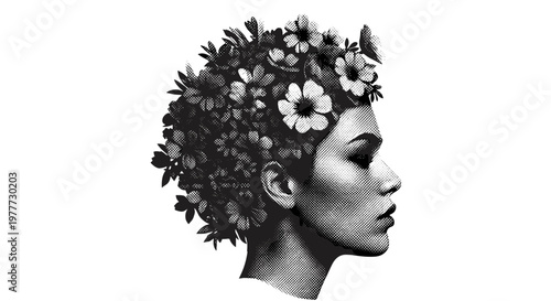 Black and white portrait of woman with floral hair and side profile
