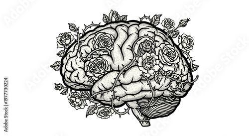 Detailed black and white illustration of a human brain surrounded by roses
