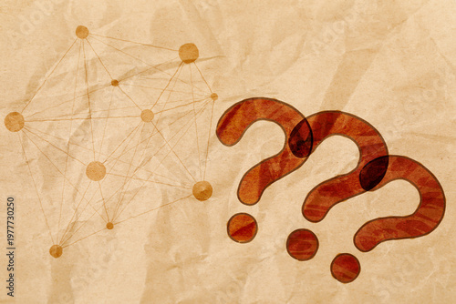 Question marks and plexus pattern on crumpled paper