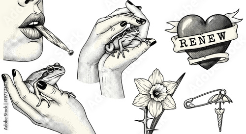 Collection of vintage style tattoo sketches featuring animals and symbols