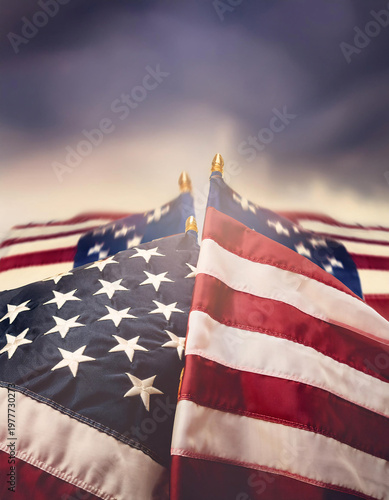 Wallpaper Mural American flags waving in the wind against a cloudy sky. Generative AI. Torontodigital.ca