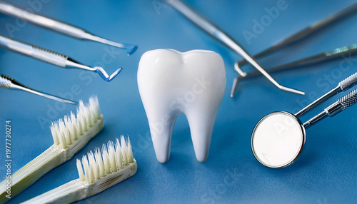 Wallpaper Mural A large, shiny tooth model is surrounded by various dental tools on a blue background, showcasing dental care essentials Generative AI Torontodigital.ca