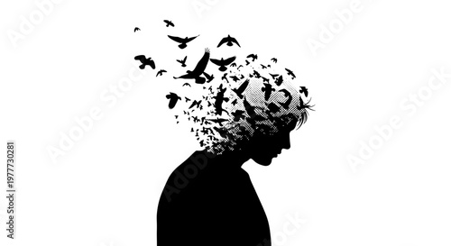 Silhouette of a woman with hair transforming into flying birds
