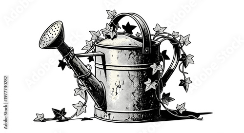 Vintage watering can with ivy and gardening tools