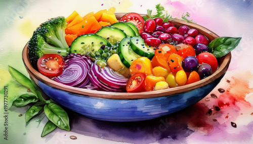 Wallpaper Mural A vibrant bowl filled with colorful vegetables, painted in a watercolor style. Generative AI. Torontodigital.ca