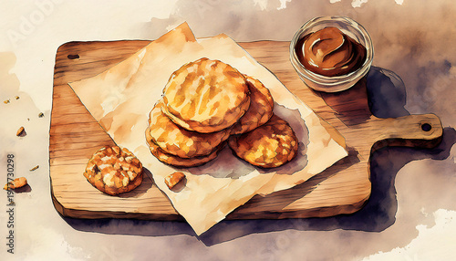 Wallpaper Mural Freshly baked almond cookies with nuts on a wooden board, one partially eaten, with a bowl of more cookies in the background Generative AI Torontodigital.ca