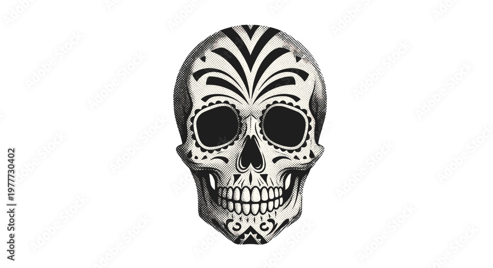 Fototapeta premium Decorative sugar skull with intricate black and white patterns