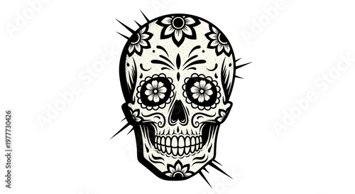 Decorative black and white sugar skull with floral patterns and details
