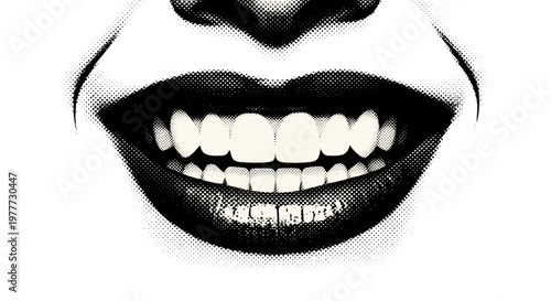 Closeup of smiling mouth with teeth and lips in black and white