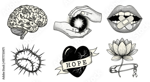 Collection of black and white tattoo style illustrations including brain lips and hope