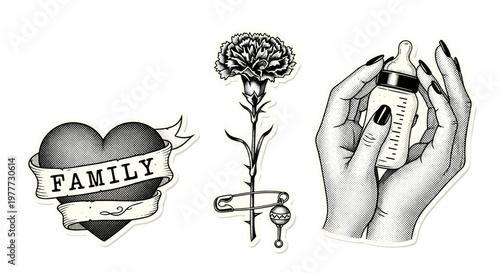 Collection of black and white illustrations including family and medical symbols