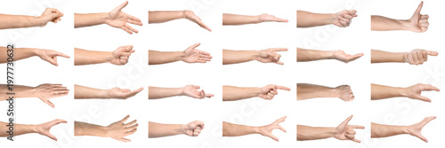 Left-handed men showing gestures on white background, closeup. Set of male hands