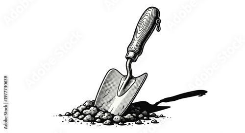 Illustration of a hand shovel digging into soil with a small plant