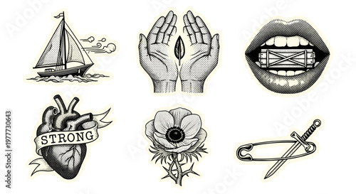 Collection of vintage tattoo style illustrations including heart hands and sailboat