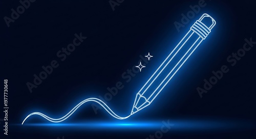 Glowing neon pencil creating a flowing line with sparkle effect, set against a dark blue backdrop
