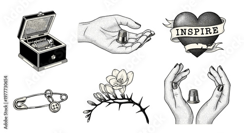 Collection of vintage sketches including a treasure chest and heart