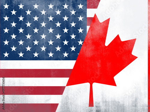 National flags of USA and Canada on textured background