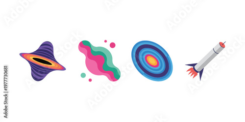 Colorful Space Icons: Planets, Rocket & Galaxy for Science and Technology Concepts