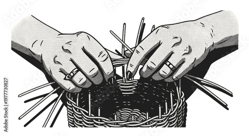 Closeup of hands weaving a basket with natural materials