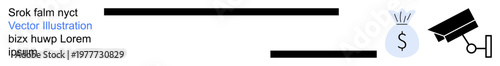 Banking, cybersecurity, education funding, monitoring, financial management, and savings. Visual includes a money bag, surveillance camera and graduation cap. Financial security and monitoring