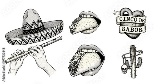 Set of traditional mexican sombrero taco and cactus illustrations