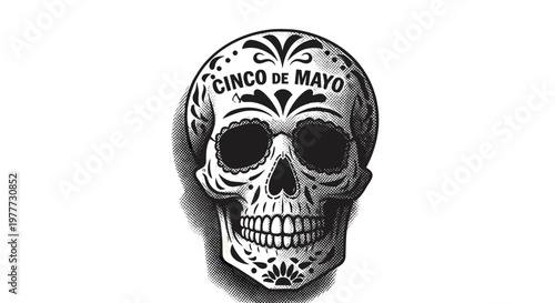 Black and white skull illustration with cinco de mayo text
