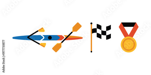 Kayaking Winning Concept with Gold Medal, Checkered Flag, and Oars for Sports Victory