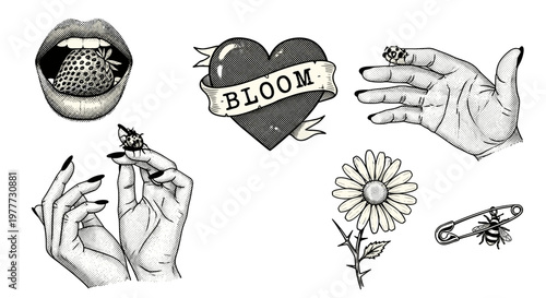 Collection of handdrawn sketches including flower heart and bee