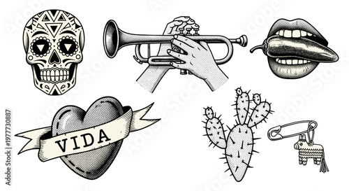 Collection of traditional tattoo designs including skull heart and cactus