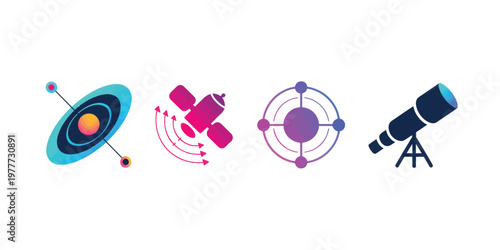Astronomy Icons Set: Planet, Satellite, Atom, Telescope for Science Concepts