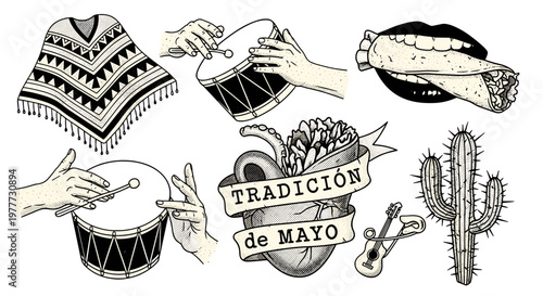Collection of traditional may celebration symbols and musical instruments