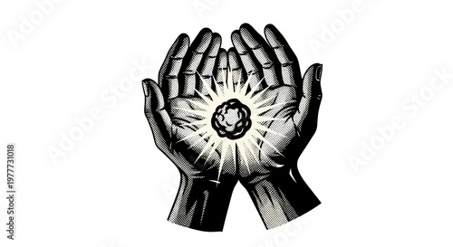Vintage illustration of hands holding a glowing eye symbol