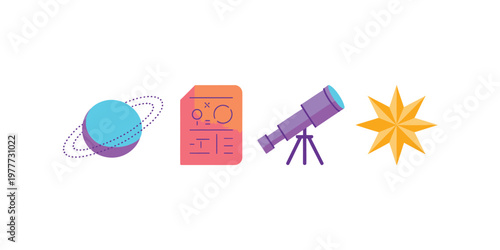 Colorful Astronomy Icons Planet Telescope Star Science Education