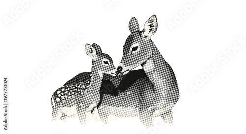 Black and white illustration of a deer and fawn in a natural setting