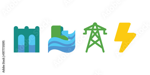 Environmental Icons Set: Dam, Water Flow, Power Tower & Lightning Bolt for Ecology Concepts