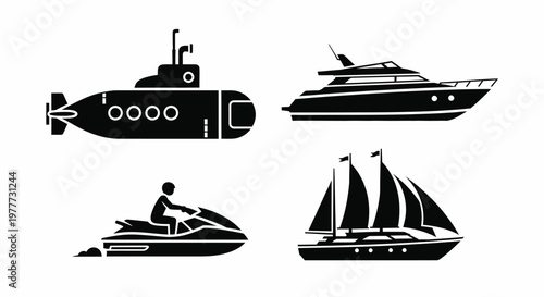 Watercraft Silhouettes icons Set Isolated on White Background