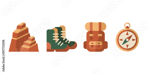 Hiking Gear Icons: Backpack, Compass, Boots for Adventure and Travel