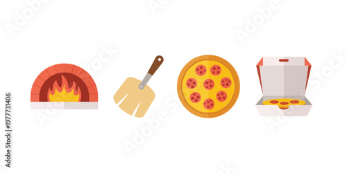 Vector Pizza Oven, Shovel, and Pepperoni Pizza for Delivery Service Concept