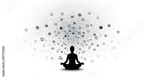 Meditation mindfulness concept with person sitting in lotus position surrounded by floating circles
