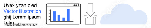 Data analysis, cloud computing, file transfer, online storage, SaaS, technology communication. Bar graph on screen, download arrow and cloud icon. Data analysis and cloud computing concept