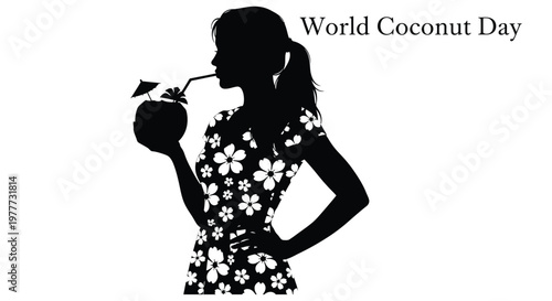 Silhouette of a woman drinking from a coconut with a straw tropical scene with world coconut day text