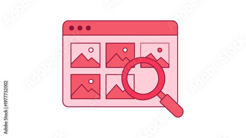Vector icon illustration of a web browser displaying a photo gallery with a magnifying glass, representing image search, stock photography browsing, digital asset management, and design studio.