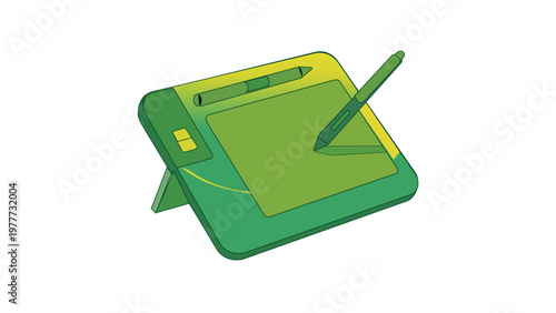 Green and yellow graphic tablet vector icon with a digital stylus pen. Professional illustration for digital artists, designers, and creative professionals. Scalable flat design element for web.