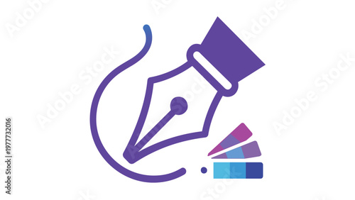 Modern graphic design vector icon illustration of a fountain pen nib with a curved path and color palette swatches in a blue and purple gradient, ideal for creative branding and digital art.