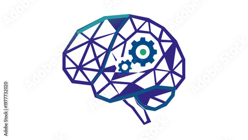 AI-generated vector illustration of a geometric polygonal human brain with gears, representing artificial intelligence, machine learning, cognitive processing, and innovative technology icon design.